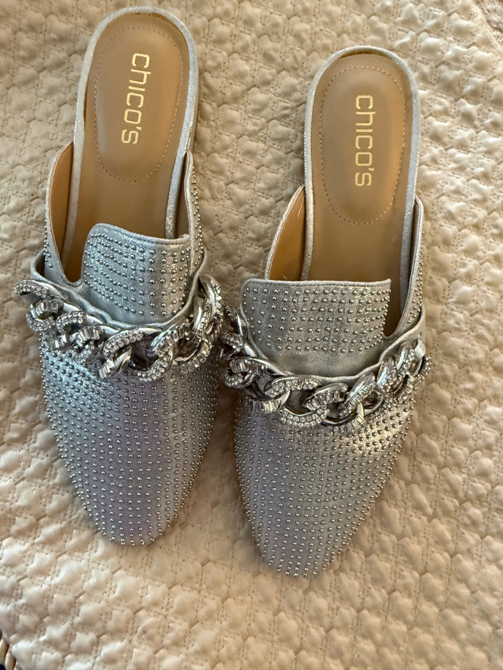 Chico's Silver Crystal-Studded Chain Mules